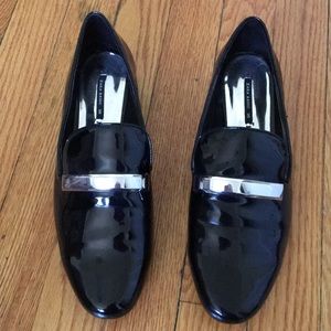 Zara Black Patent Loafers With Silver Bar Design